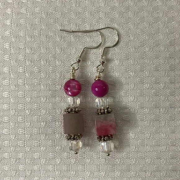 Handcrafted Glass, Hot Pink Agate and Candy Quartz Bracelet and Earrings Set - Picture 4 of 6